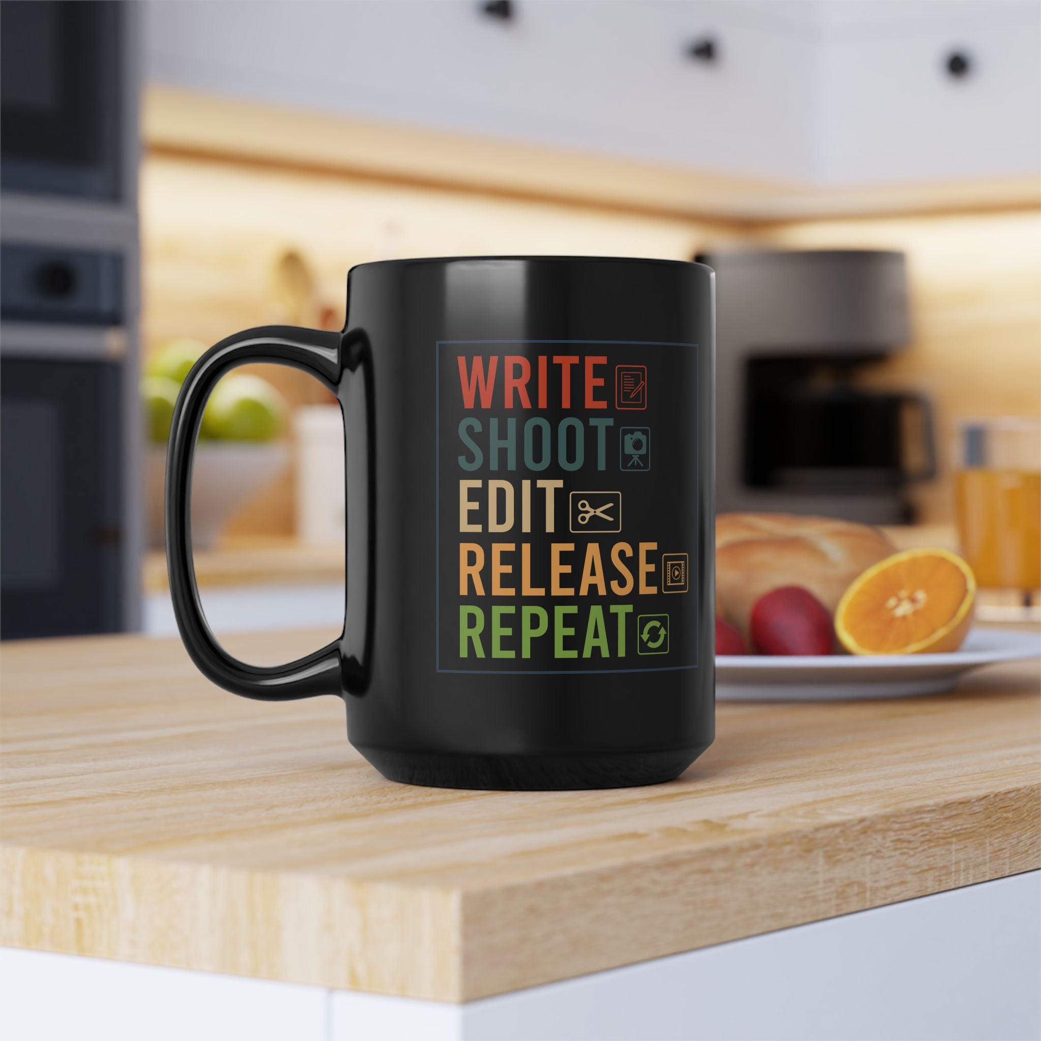 Write Shoot Edit Release Repeat Black Mug, 15oz