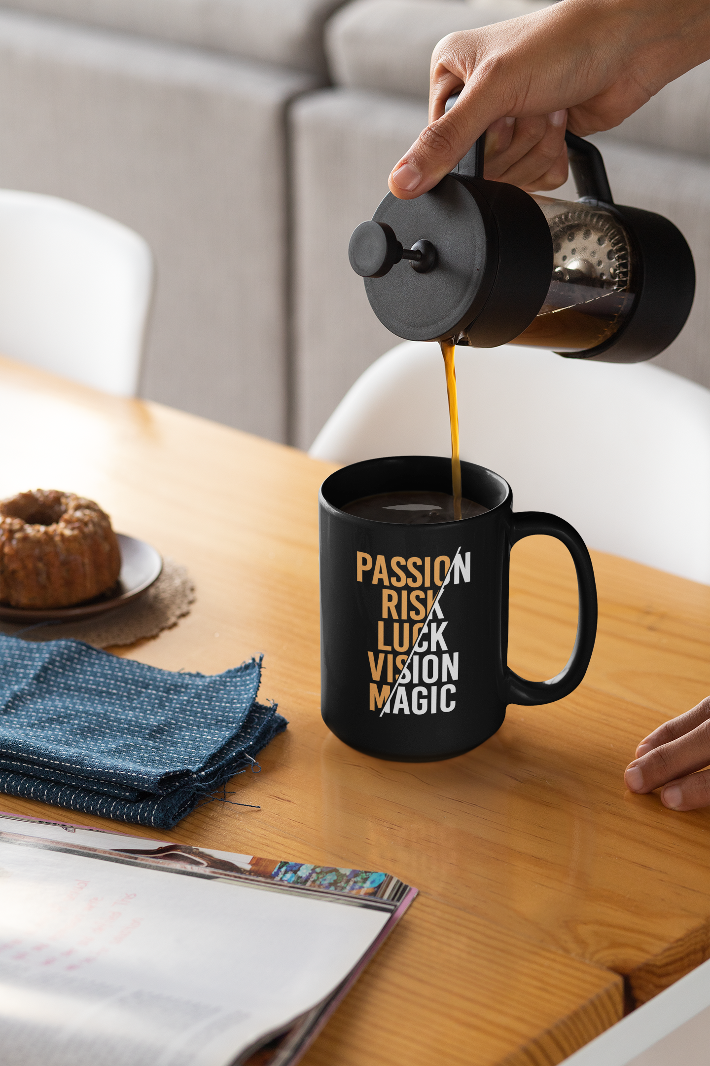 Passion Risk Luck Vision Magic Black Mug, 15oz