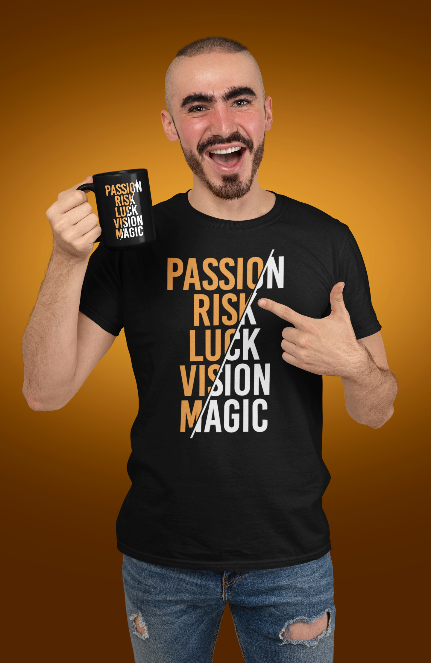 Passion Risk Luck Vision Magic Black Mug, 15oz