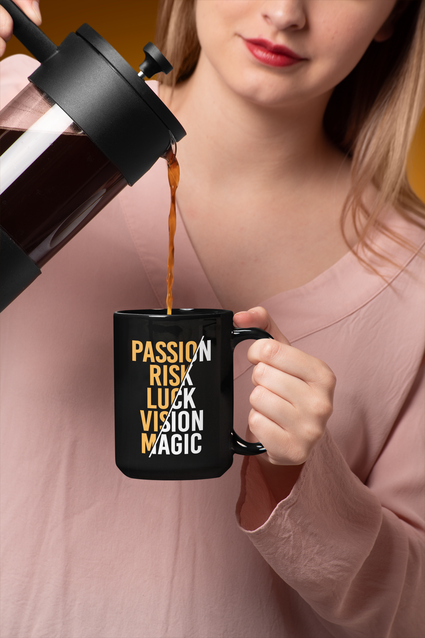 Passion Risk Luck Vision Magic Black Mug, 15oz