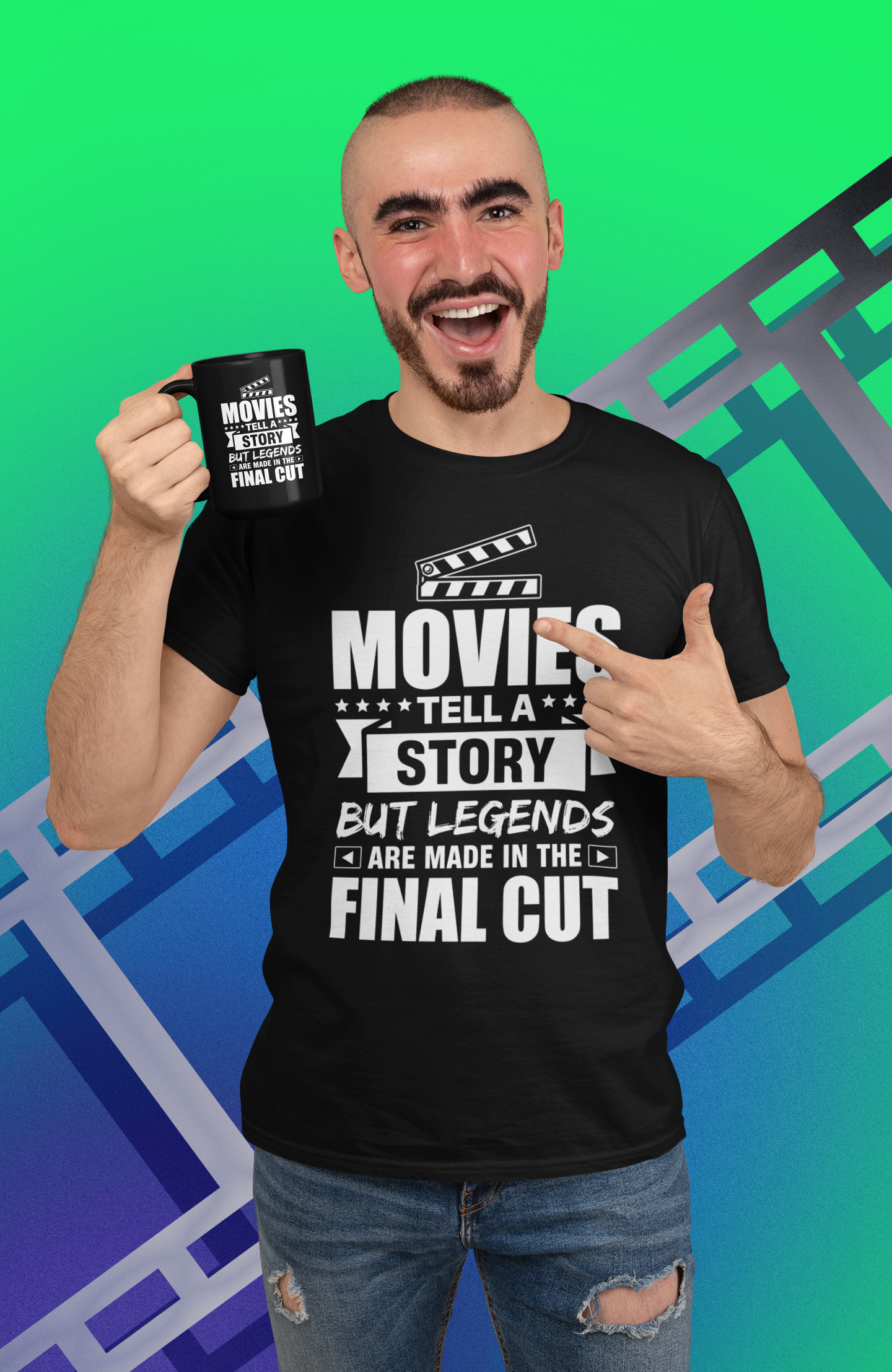 Movies Tell a Story But Legends are Made in the Final Cut Black Mug, 15oz