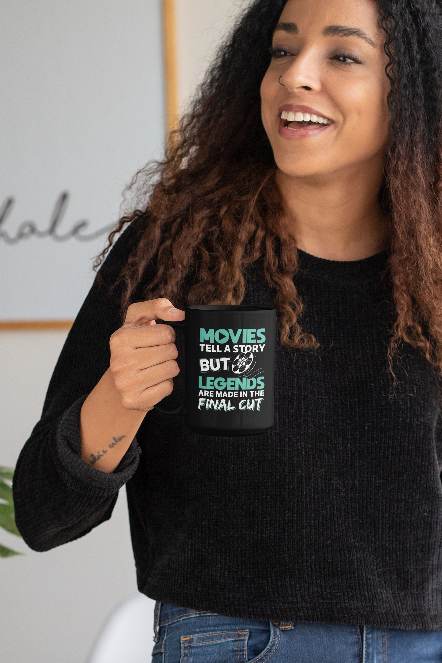Movies Tell a Story But Legends are Made in the Final Cut Teal Black Mug, 15oz
