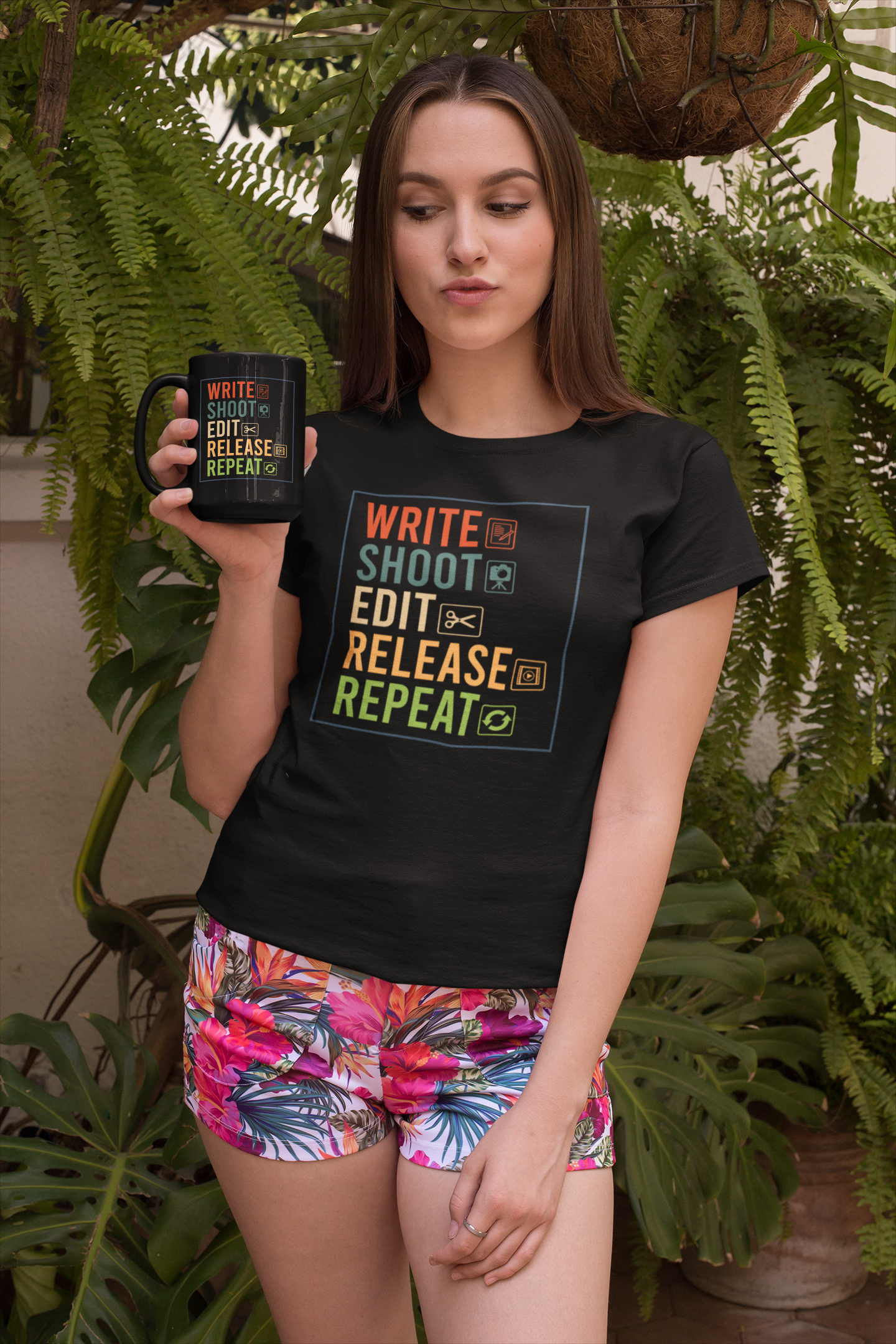 Write Shoot Edit Release Repeat Black Mug, 15oz