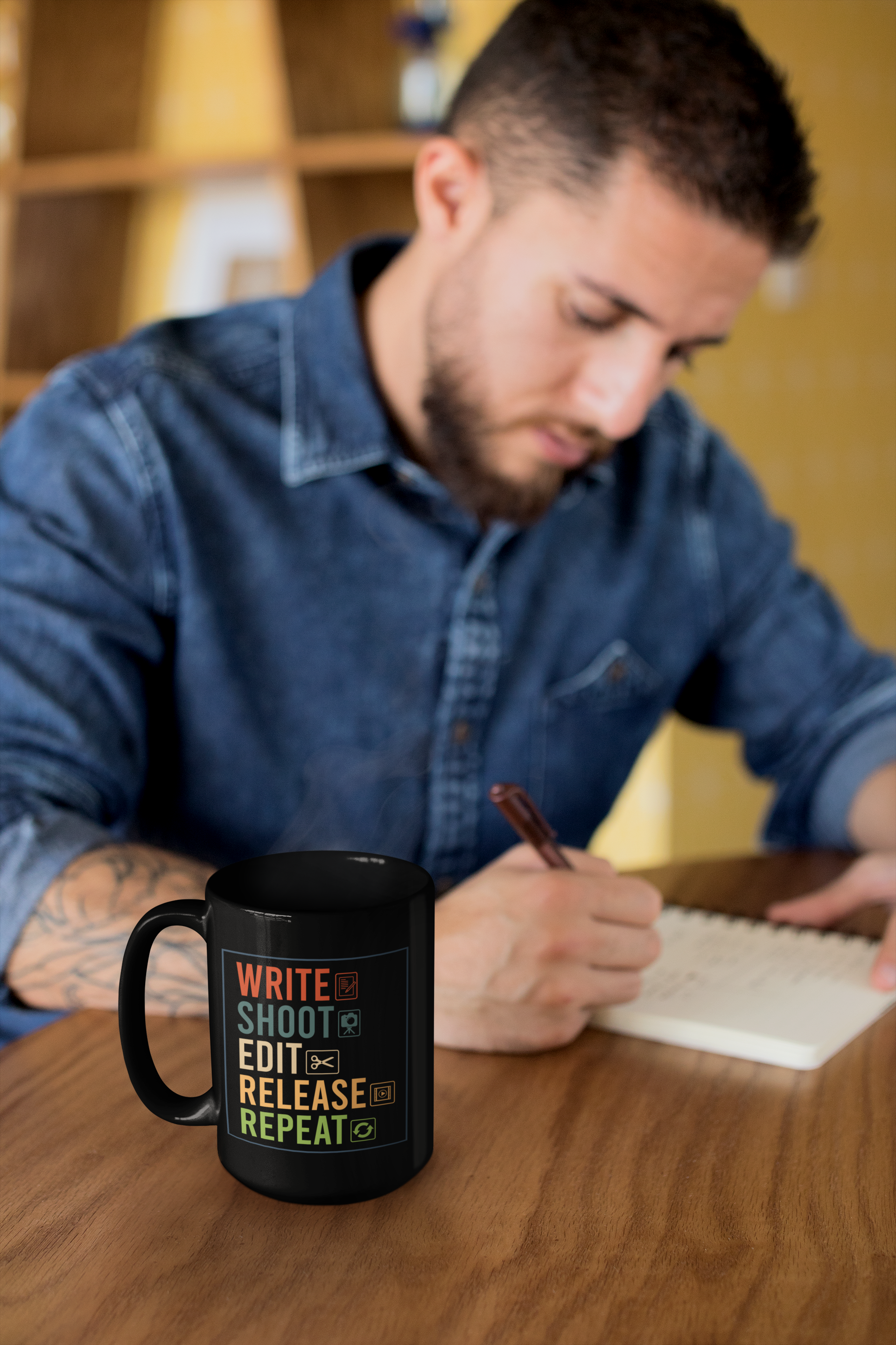 Write Shoot Edit Release Repeat Black Mug, 15oz