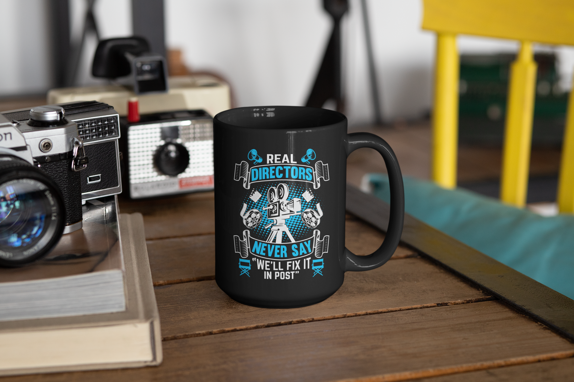 Real Directors Never Say We'll Fix it in Post Black Mug, 15oz