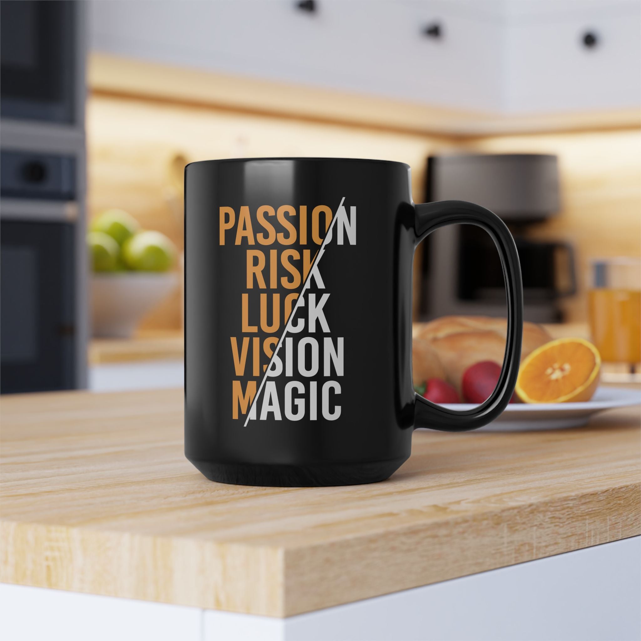Passion Risk Luck Vision Magic Black Mug, 15oz